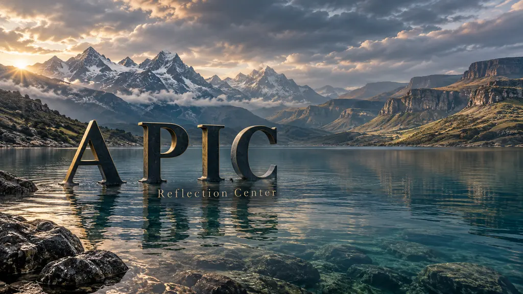 APIC Reflection Center name set in clear water before mountains