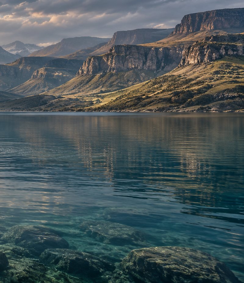 Calm mountain lake at sunrise