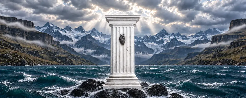 A white pillar with a hidden heart illuminated against a mountain landscape